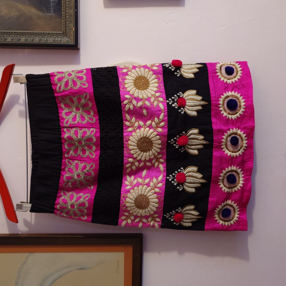 Leifsdottir Pink and Black Catrina Pencil Embroidered Mini Skirt